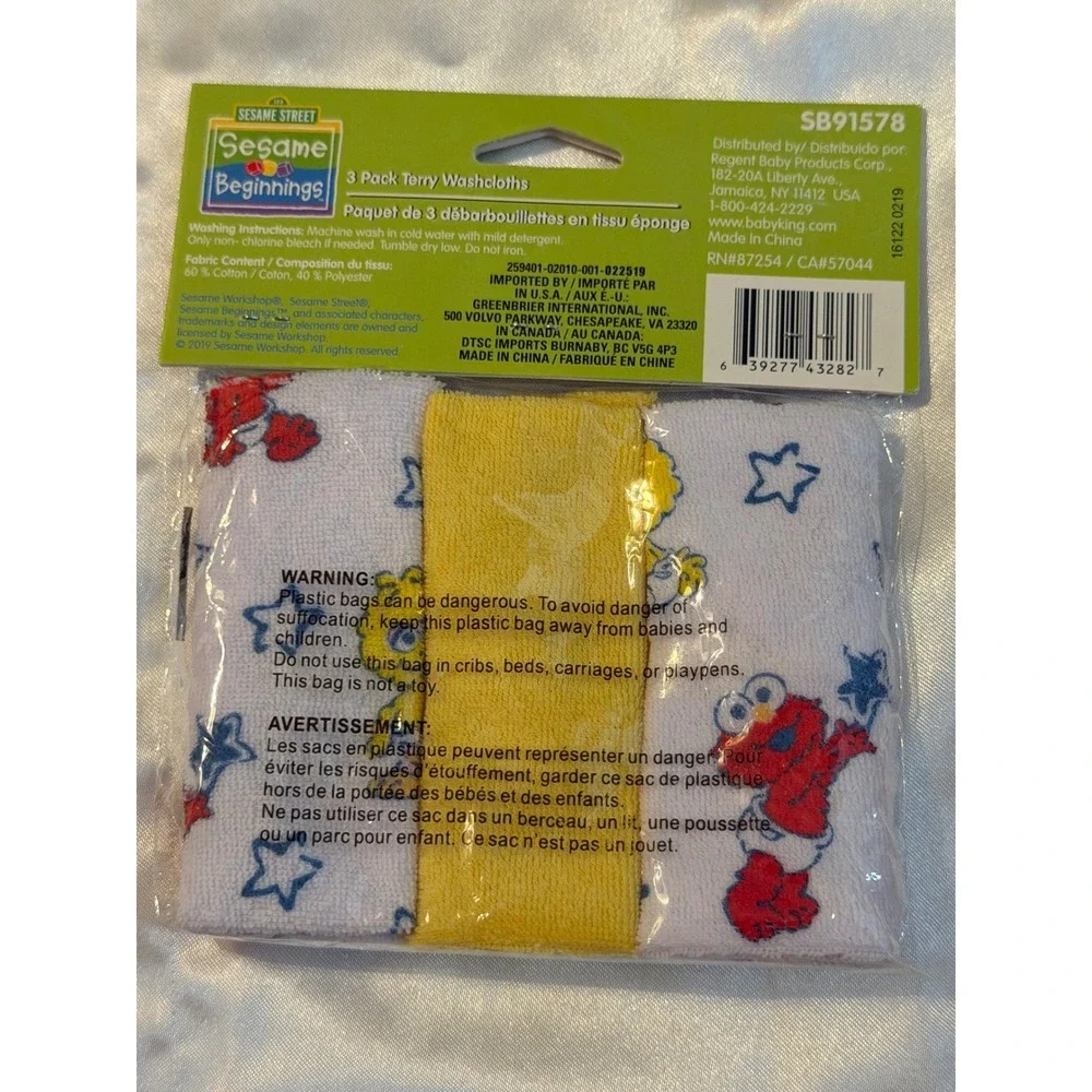 Sesame Beginnings Sesame Street Terry Washcloths 3 Pack Elmo Big Bird SB91578